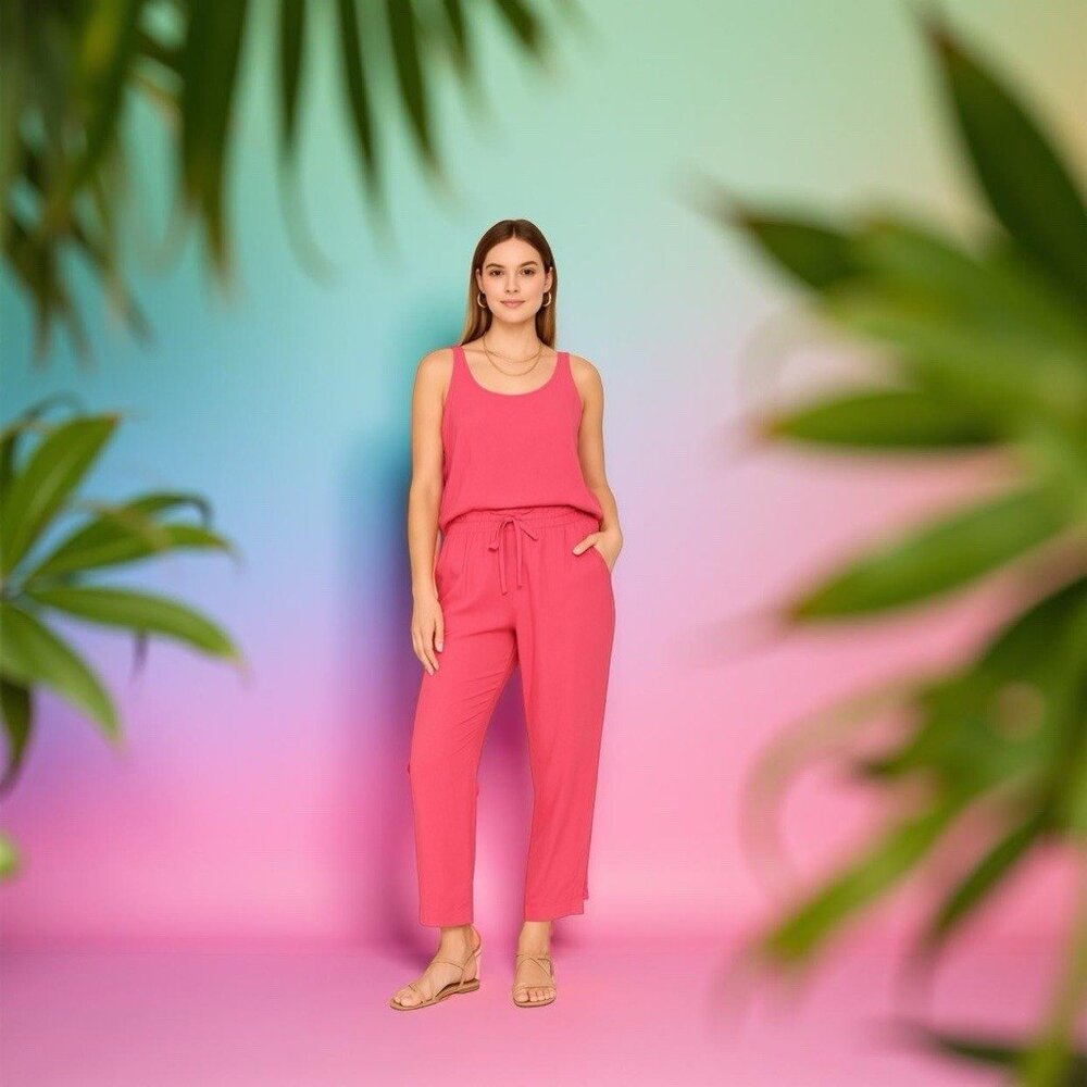 Jams World Vintage Women’s Pink Tank Top & Crop Pants Set Size L Draw String USA